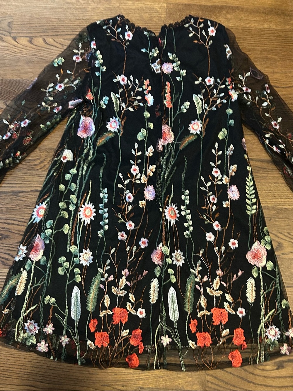 Embroidered Black shear Mini Dress with Floral embroidery and bell sleeves 0192 - Picture 9 of 12